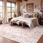 Area Rugs Square 8ft Washable Non-Slip, Floral Vintage Distress Print Pattern Medallion Carpet for Living Room Bedroom Dining Room, Pink Greypink Cute