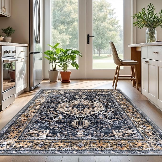 KOZYFLY Boho Area Rug 5x7 Ft Thin Rugs for Living Room Washable Bedroom Rug Non Slip Rugs Gold Navy Printed Faux Wool Vintage Bedroom Rug Floor Carpet for Dining Room Living Room