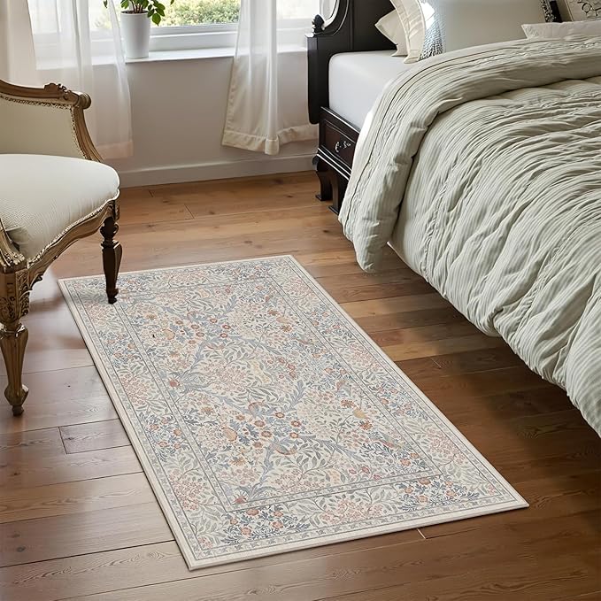 2x3 Floral Washable Area Rugs for Living Room, Vintage Boho Large Rug for Bedroom Dining Room， Distressed Botanical Birds Non Slip Low Pile Forest Animal Throw Carpet for Farmhouse Office, Beige Blue