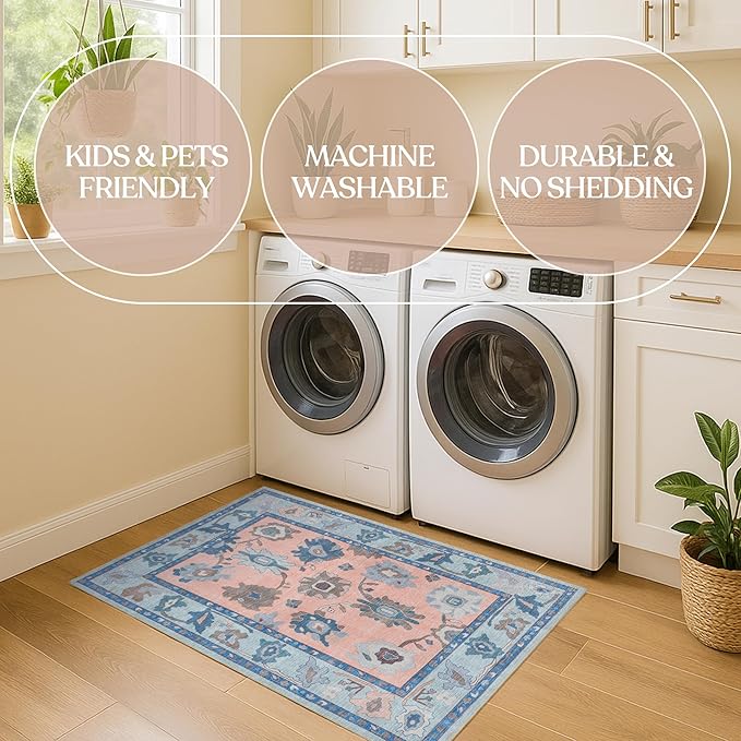 Fame Living Modern Oushak Runner Rug, Vintage, Turkish, Eclectic, Floral, Pastel, Washable, Small Throw Rugs, Short Runner for Hallway, Entryway, Laundry, Foyer, Bedroom, Kitchen, Bathroom, 2'5"x6'5"