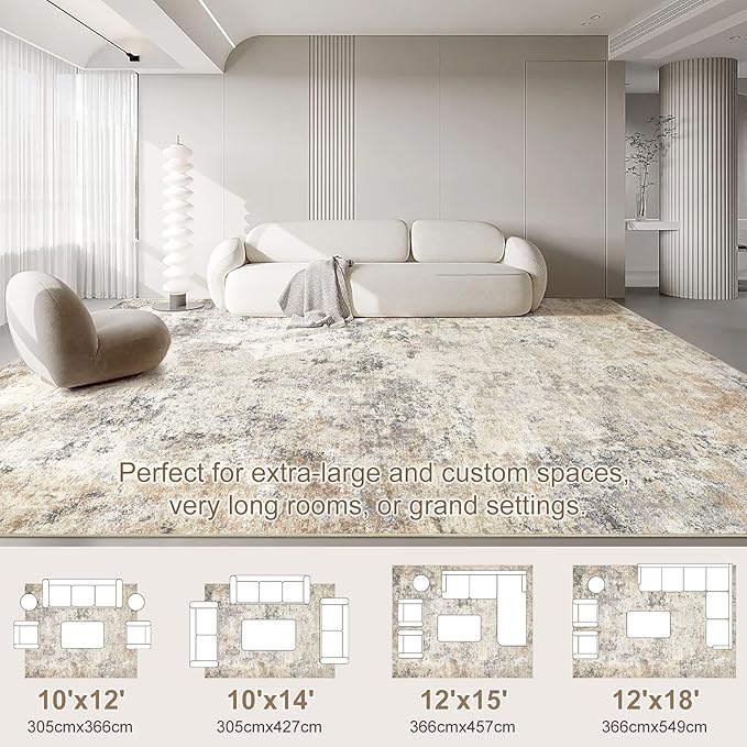 12x15 Area Rug Living Room Rugs - Washable Neutral Modern Abstract Soft Thin Large Rug Indoor Floor No Slip Rug Carpet for Bedroom Under Dining Table Home Office Decor - Golden Grey