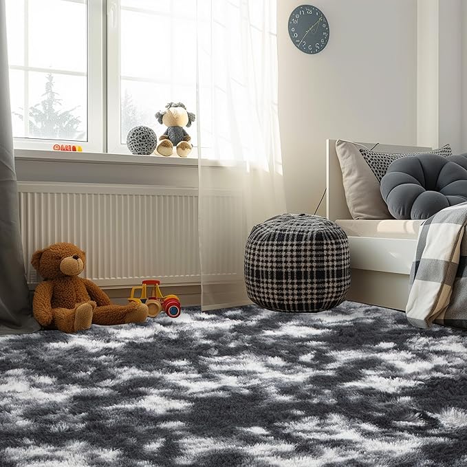 Andency Area Rugs 9x12 for Living Room Home Decor, Large Shaggy Bedroom Carpet, Non-Slip Big Shag Indoor Thick Soft Fluffy Furry Fur Area Rugs for Kids Dorm Nursery Aesthetic, Tie-Dyed White Black