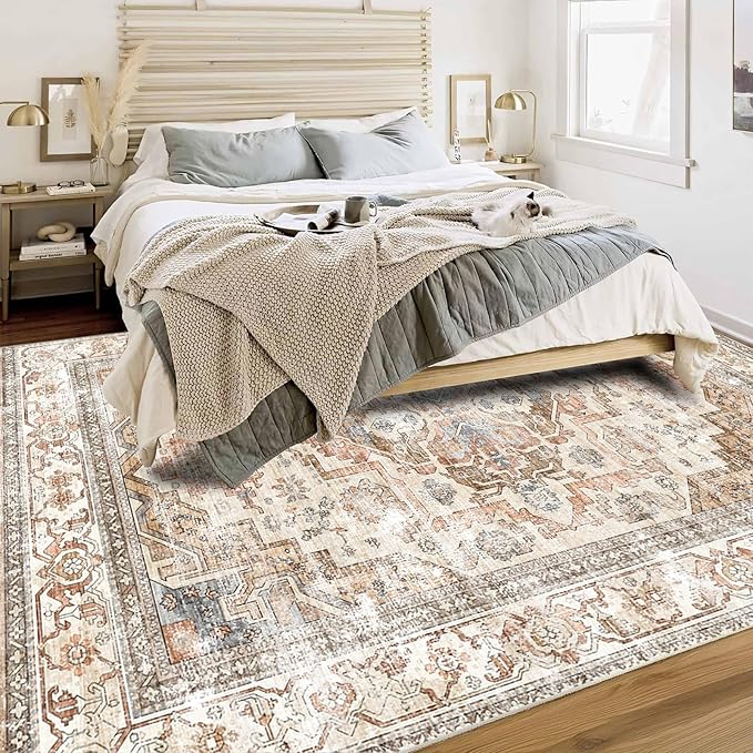 Enkor Area Soft Rugs 6x9 Washable Non Slip Boho Floor Rugs for Living Room Bedroom, Vintage Style Farmhouse Mat for Kitchen Entryway Beige & Brown