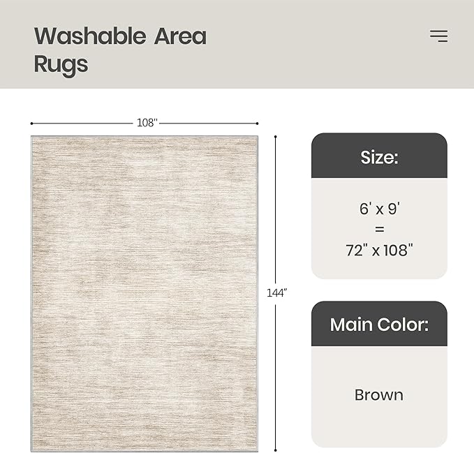Valenrug Washable Rugs 6x9 - Non Slip 6x9 Area Rugs for Living Room, Stain Resistant Area Rugs for Bedroom, Foldable Machine Washable Area Rug(6'x9', Brown)