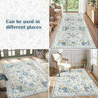 jinchan Area Rug 8x10 Washable Living Room Rug Vintage Indoor Large Floor Cover Distressed Lightweight Non-Slip Low Pile Thin Mat Stain Resistant Carpet for Bedroom Dining Room Office Light Blue