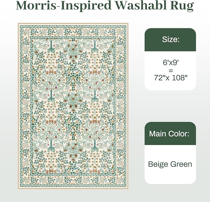 6x9 Area Rugs Living Room Rug - Floral Vintage Morris-Inspired Washable Carpet, Low Pile Non-Shedding Stain Resistance Boho Soft Carpet for Bedroom, Dining Room, Office, Farmhouse (6'x9' Beige Green)