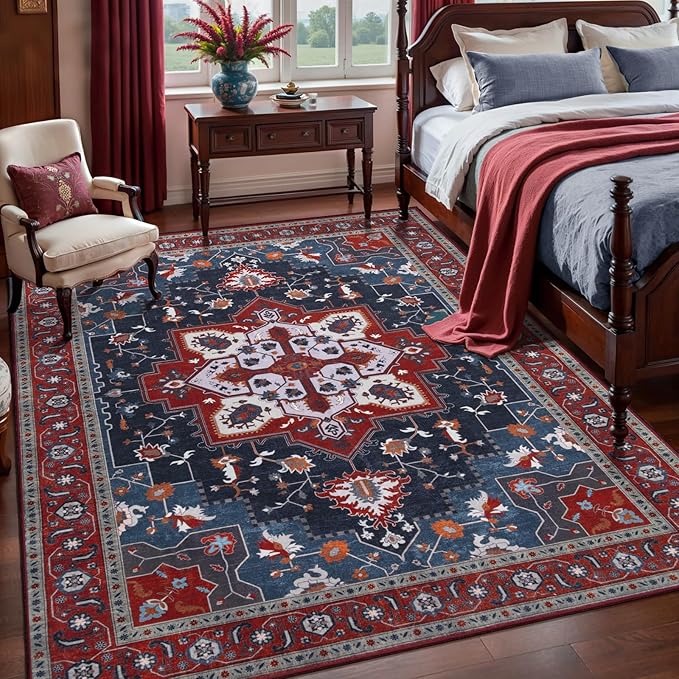 Tangsoo Oriental Red Rug 4x6 Washable Vintage Rugs Non Slip Indoor, Distressed Carpet for Living Room, Dining Room, Soft Low Pile Rugs Boho Foldable Floor for Bedroom Dorm Bedside Bathroom