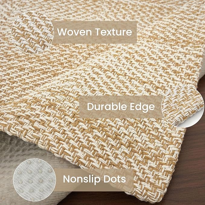 IOHOUZE Washable Runner Rug 2x10 Non Slip Rubber Backed Long Hallway Runner Entryway Runner Indoor, Kitchen Rugs Woven Cotton Floor Carpet for Hall Entrance, Warm Beige/Orange/Apricot