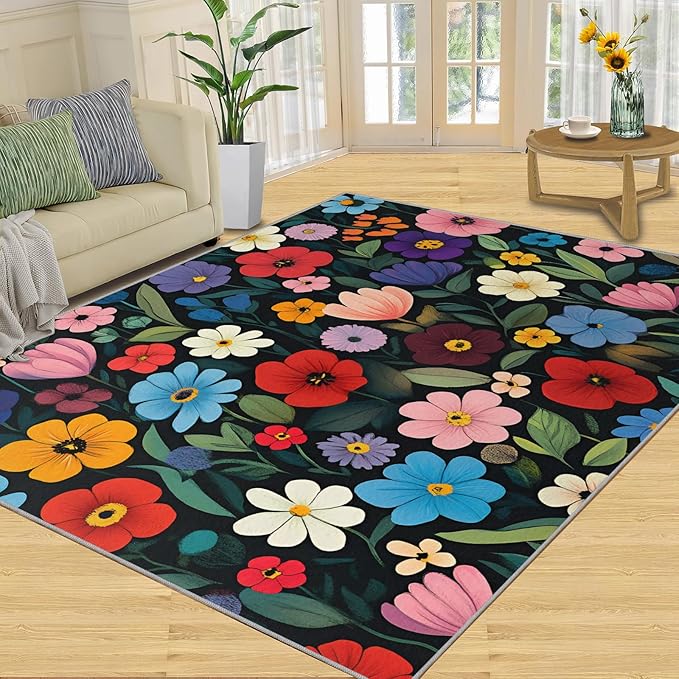 Boho Flowers Rugs for Bedroom - 3x4 Area Rug - Cartoon Flowers Rugs for Living Room, Abstract 3D Floral Rug, Non-Slip Washable Home Decor Carpet
