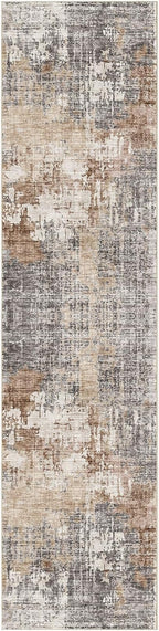 Washable Runner Rug for Hallway: 3x12 Neutral Modern Abstract Low Pile Area Rug with Non-Slip Backing - Carpet for Bedroom Kitchen Laundry Entryway Bathroom Indoor - Grey Brown