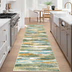Modern Abstract Runner Rug 3x8, Green Mustard Multi Washable Kitchen Runner Non-Slip Soft Hallway Rug Runner Thin Print Faux Wool Carpet for Entryway Bedroom Laundry Room Indoor Home Office