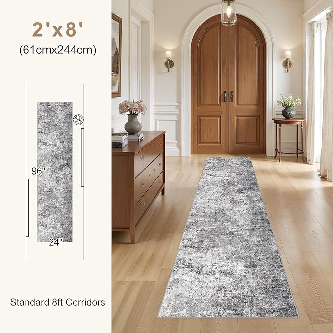 2X8 Washable Runner Rug for Hallway: Soft Neutral Modern Abstract Area Rug - Non-Slip Low Pile Long Throw Indoor Carpet for Kitchen Entryway Kitchen Bedroom Laundry - Grey