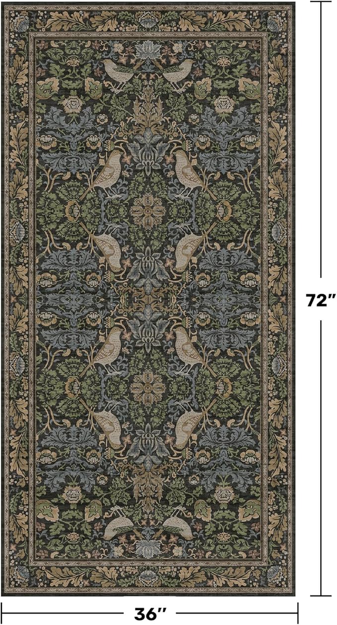 Large Entryway Rugs Indoor - 3x6 Washable Rugs for Kitchen Bedroom Beside Bed Door Mat Indoor Entrance with Moody Woodland Flowers, Non Slip Stain Resistant Low Pile
