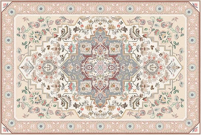 Phantoscope Washable Area Rug 4'x6' Non-Slip, Vintage Boho Rugs for Living Room, Bedroom, Dining Room, Persian Floral Medallion Pattern, Low-Pile Foldable Floor Carpet, Ivory Rose/Fall Bloom