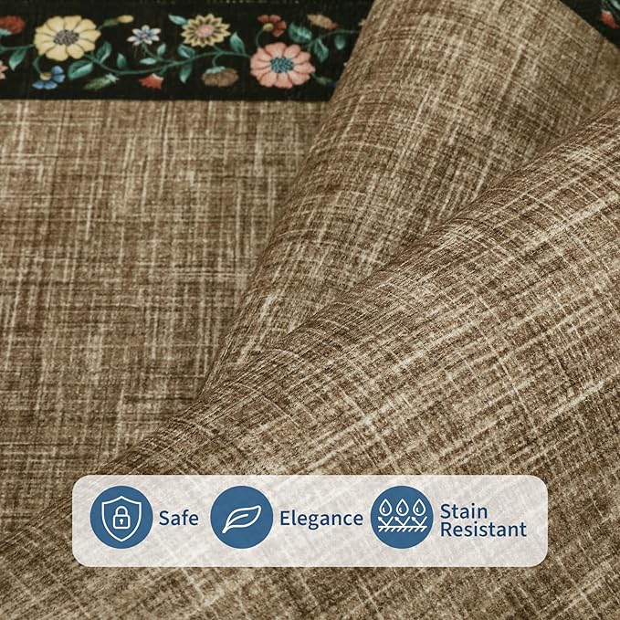 GarveeHome 10x13 Machine Washable Rugs for Living Room Large Area Rug Modern Floral Indoor Accent Carpet Low Pile Carpet Soft Throw Aesthetic Floor Cover for Bedroom Laundry Dining Room, Brown