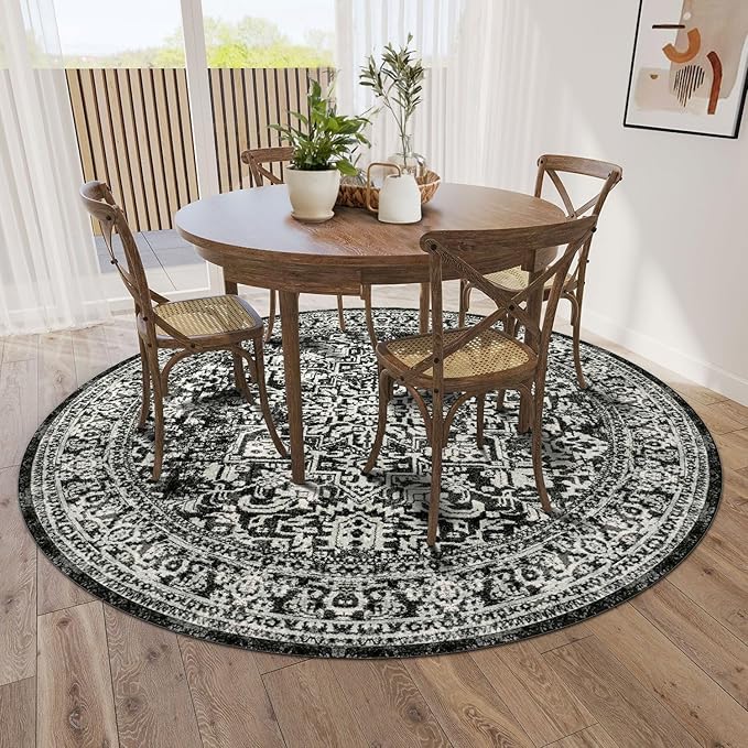 vivorug Round Rug 4ft Vintage-Inspired Round Area Rug Non-Slip Indoor Carpet for Living Room Bedroom Entryway, Stain Resistant Home Decor Circle Rug, Black and White