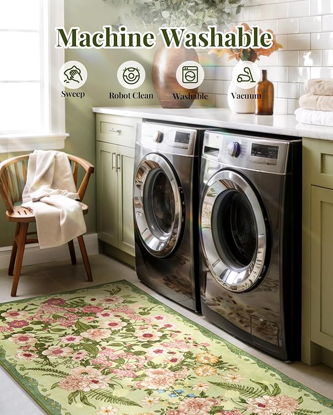Floral Bedroom Rug - 4x6 Washable Area Rugs Non-Slip Soft Low-Pile Stain Resistant Carpet Flower Print Vintage Indoor Rug for Living Room Dining Room Office Nursery Room, Green