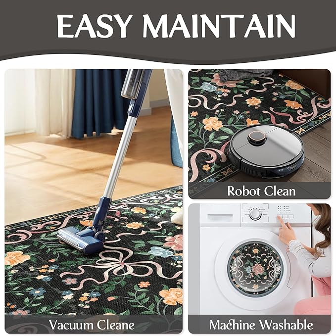 Washable Non-Slip Runner Rugs 2X6, Black Rug Boho Farmhouse Bow Floral Area Rug for Hallway Kitchen Bedroom Beside Laundry Room Bathroom Rug, Low Pile Stain Resistant Soft Floor Carpet
