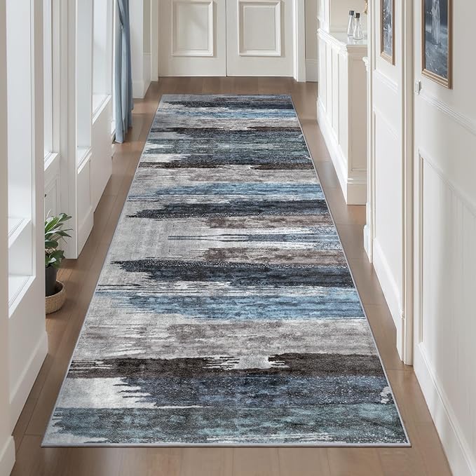 Ciicool 2x12 Washable Runner Rug, Modern Abstract Hallway Rugs Runner, Non-Slip Thin Accent Rug Lightweight Navy Grey Print Distressed Carpet for Laundry Entryway Bedroom Kitchen Indoor