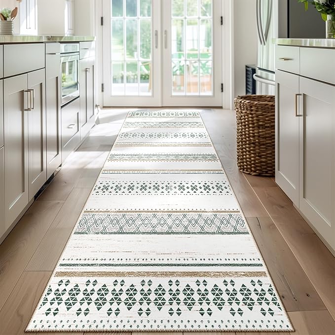 BESTSWEETIE 2x8 Area Rugs for Living Room Washable Moroccan Farmhouse Neutral Geometric Low Pile Non-Slip Soft Print Pattern Rug for Bedroom Kitchen Dining Room Entryway Green/Brown