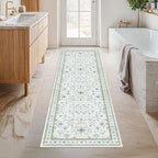 Washable Oushak 2x6 Bathroom Runner Rug, Eclectic Boho Floral Pastel, Non Slip Low Pile Stain Resistant Small Throw Rug for Bedroom, Laundry Room, Powder Room, Cream Green