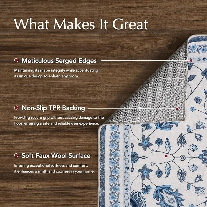 EVERGRACE Area Rugs for Living Room 8x10, Boho Floral Faux Wool Indoor Outdoor Rugs, Washable Rugs for Bedroom Dining Room Entryway Kitchen, Low Pile Floor Mat Carpet for Home Decor, Porcelain Blue
