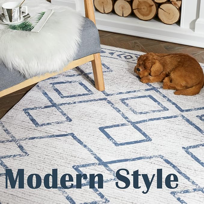 jinchan Moroccan 2x3 Rug for Entryway - Machine Washable Rug Modern Geometric Kitchen Soft Faux Wool Non-Slip Indoor Doormat Ultra-Thin Carpet for Entrance Bathroom Bedroom Living Room (2x3ft, Blue)