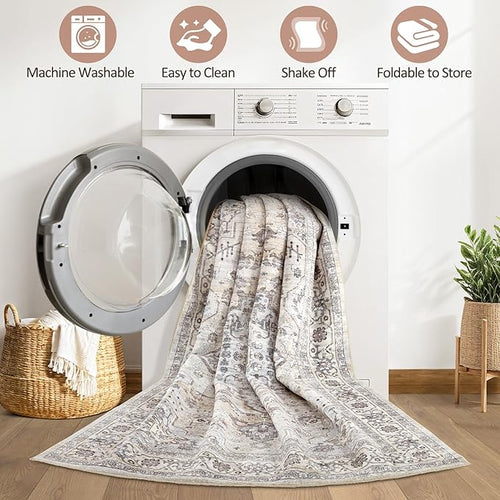 10x13 Area Rugs Living Room: Washable Boho Large Neutral Vintage Soft Rug Stain Resistant Farmhouse Non Slip Indoor Floor Carpet for Bedroom Nursery Kids Playroom Office Dining Room- Cream Grey
