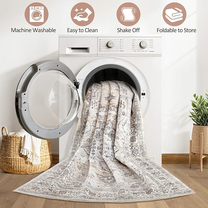 8x10 Area Rugs Living Room: Washable Boho Large Neutral Vintage Soft Rugs Stain Resistant Farmhouse Non Slip Indoor Floor Carpet for Bedroom Nursery Kids Playroom Office Dining Room Home- Ivory Gray