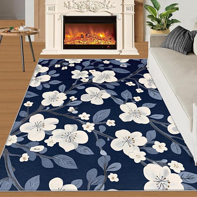 Boho Rugs for Bedroom - 6x8 Area Rug - Blue White Flowers Rugs for Living Room, Vintage Modern Flowers Rug, Washable Home Decor Carpet