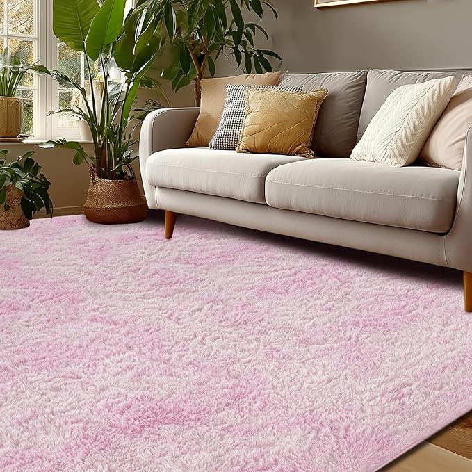 Andency Soft Area Rugs for Living Room Bedroom, 3x5 Non-Slip Fluffy Shag Carpet, Indoor Floor Fuzzy Shaggy Living Room Plush Rug for Kids Dorm Nursery Home Decor Aesthetic, Tie-Dyed White Pink