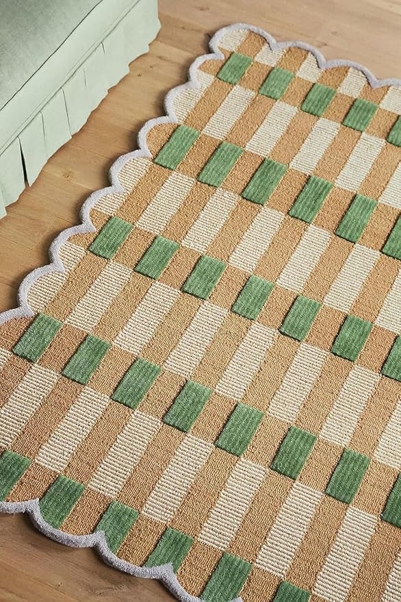 Hand-Tufted Wool Rug with Scalloped Edges, Light Blue Plaid Pattern, Cozy Soft Area Rug for Living Room, Bedroom, and Nursery, Handmade Modern Accent Rug (Green, 4X6 FEET)