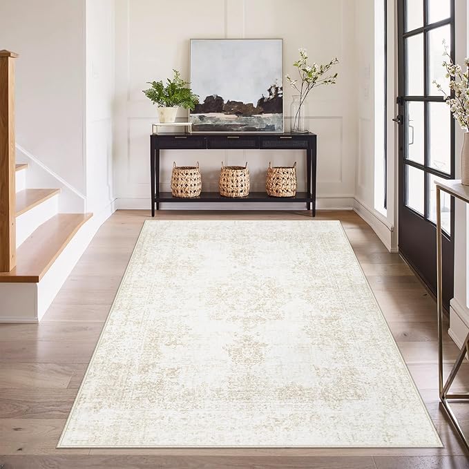 Area Rug 3x5 Entryway Rugs - Machine Washable Vintage Boho Area Rug Non-Slip Kitchen Rugs Soft Stain Resistant Indoor Door Mat, Small Oriental Throw Rug for Entrance Hallway Bedroom (Ivory, 3'x5')