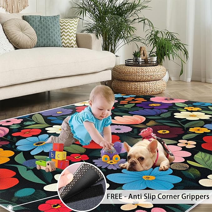 Boho Flowers Rugs for Bedroom - 3x5 Area Rug - Cartoon Flowers Rugs for Living Room, Abstract 3D Floral Rug, Non-Slip Washable Home Decor Carpet