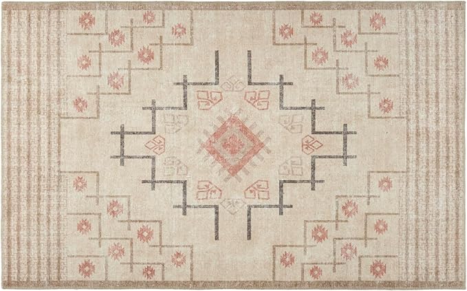 Revival Rugs Funk 4'x6' Zero-Shedding Area Rug for Living Room Bedroom - Oeko-TEX Certified, Low Pile, Spot Clean, Beige, Cream