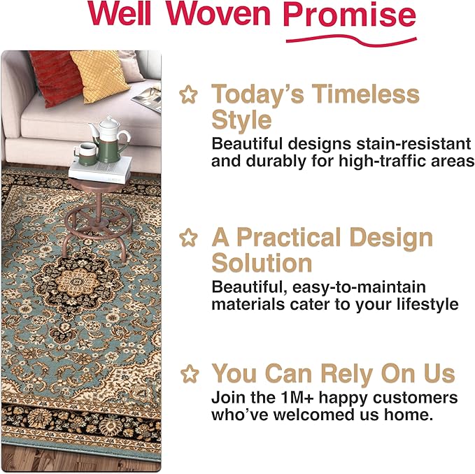 Well Woven Barclay Collection Medallion Kashan Light Blue 9x12 Area Rug - for Living Room, Bedroom, and Dining Room