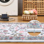 8x10 Washable Floral Distressed Rug, Vintage Farmhouse Area Rug for Living Room, Non-Slip Low Pile Soft Carpet for Nursery Bedroom Dining Room Home Office, Light Blue