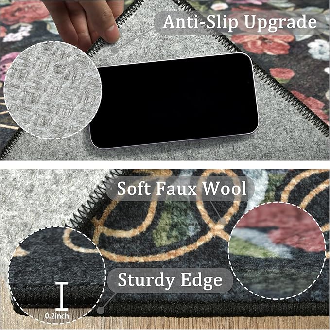 2x6 Machine Washable Runner Rug, Kitchen Hallway Area Rug Black Vintage Boho Floral Ultra Non-Slip Low Pile Soft Faux Wool Carpet, Kids and Pets Friendly for Bedroom Entryway Nursery Home Decor Rug