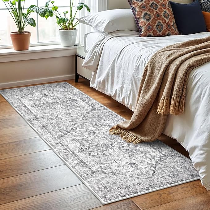 KOZYFLY Runners for Hallways 2x6 Ft Washable Kitchen Runner Rug Boho Runner Rug for Entryway Indoor Printed Oriental Faux Wool Floor Carpet Runner for Bedroom Kitchen Hall, Gray