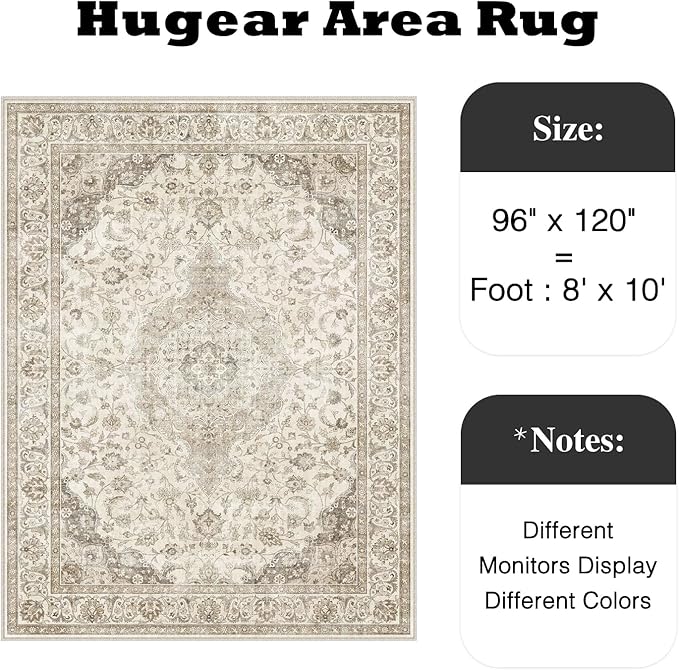 HUGEAR Area Rug 8x10 Vintage Brown Machine Washable Living Room Rugs Thin Neutral Floral Vacuumable Low Pile Carpet Bedroom Office Dining Room Laundry Room Non Slip Soft Lightweight