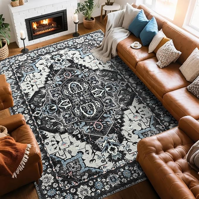 Large Area Rugs 9x12 for Living Room, Bedroom, Washable Vintage Rugs -Low Pile Distressed Rugs for Kitchen, Dining Room, Water Repellent & Non Shedding, Black and Blue