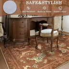 Moynesa Orange 5x7 Bedroom Rugs, Vintage Peacock Floral Washable Area Rugs for Living Room Dining Room Office Study, Low Pile Soft Non-Slip Water Repellent Carpets for Fall Winter Home Decor