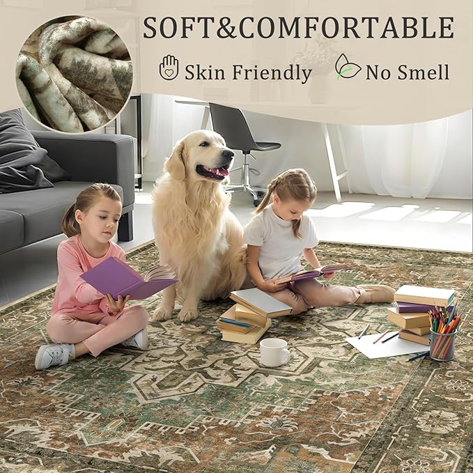 6x9 Machine Washable Area Rug for Living Room, Brown Green Boho Vintage Floral Rug Large Non-Slip Low Pile Soft Faux Wool Carpet, Kids and Pets Friendly for Bedroom Dining Room Farmhouse Decor Rug