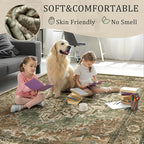 4x6 Machine Washable Area Rug for Living Room, Brown Green Boho Vintage Floral Rug Large Non-Slip Low Pile Soft Faux Wool Carpet, Kids and Pets Friendly for Bedroom Dining Room Farmhouse Decor Rug