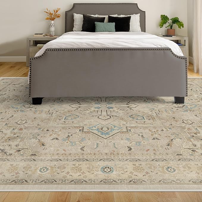 RUGGABLE Washable Vintage Area Rug – Kamran Ivory Opal 10x14, Stain-Resistant, Non-Slip – Large Machine Washable Rugs for Living Room, Bedroom, Hallway, Entryway & Office–with Cushioned Pad