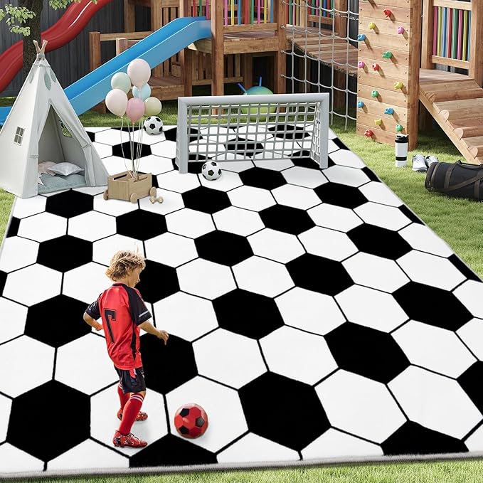 Soft Soccer Rug, Gifts for Boys Girls, Cute Bedside Shag Area Rug for Kids Toddlers Teens, Non Slip Room Decor Indoor Carpet for Bedroom Living Room, Nursery, Machine Washable 8x10 FT