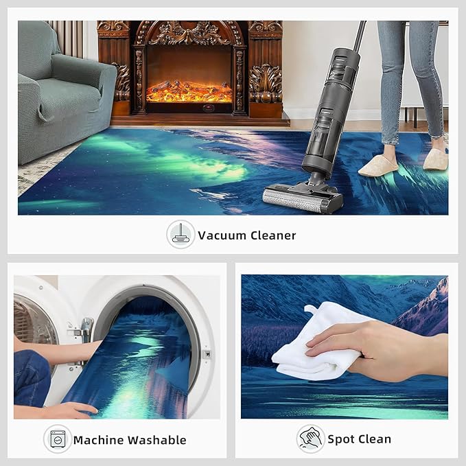 3x5 Snowy Mountains Dorm Rug - Aurora Borealis Small Rugs for Bedroom, Polar Landscape Area Rug Washable Non Slip for Bedroom Kitchen Living Room Entryway