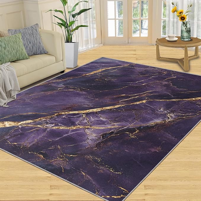3x5 Abstract Marble Dorm Rug - Purple-Marble Small Rugs for Bedroom, Luxury Stone Pattern Area Rug Washable Non Slip for Bedroom Kitchen Living Room Entryway