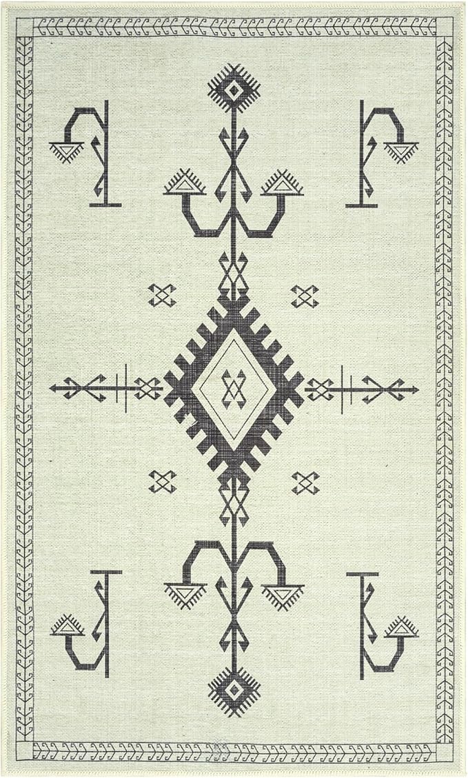 GLN Rugs Contemporary Collection - Machine Washable Area Rug, Contemporary Washable, Non Slip, Low Pile Chenille Rug, Living Room, Bedroom, Kitchen Rug (2'6" x 7' Cream/Anthracite)