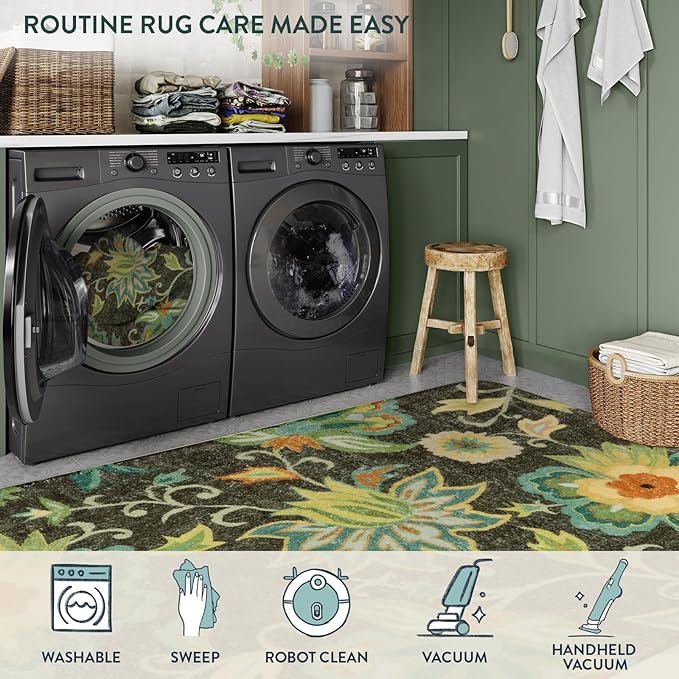 Lahome Collection Modern Floral Washable Area Rug - 2'x3' Green Small Entry Rug Accent Distressed Non-Slip Throw Floor Carpet for Door Mat Entryway Bedroom Living Laundry Room Kitchen